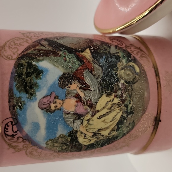 Vintage Enesco Japan Ceramic Pink w/Victorian Artwork Jar - Picture 10 of 13